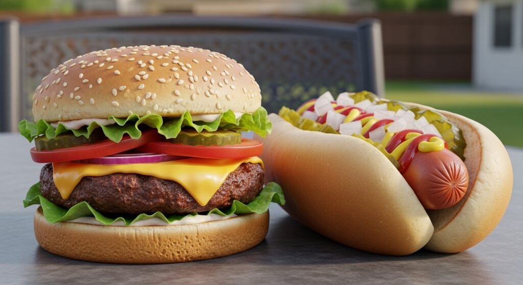 hamburger-hotdog 가장 대중적이고 간단한 미국식 바비큐는 바로 그릴에 구운 햄버거와 핫도그