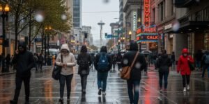 비 오는 날 우산 없이 걷는 사람들