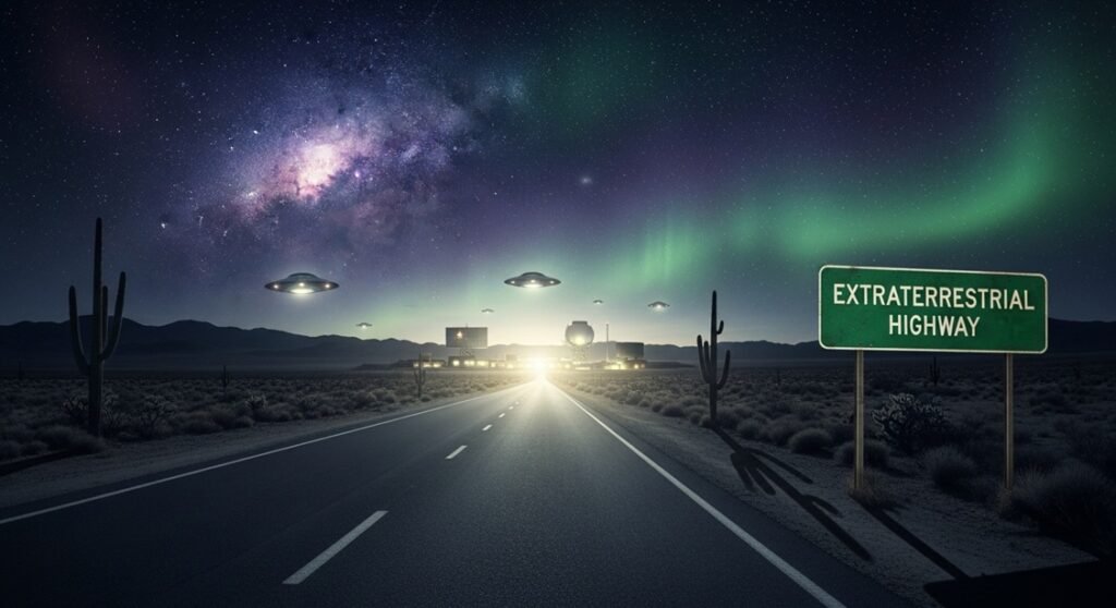 네바다 사막의 외계인 고속도로 표지판과 Area 51 방향의 밤하늘 풍경