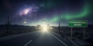 네바다 사막의 외계인 고속도로 표지판과 Area 51 방향의 밤하늘 풍경