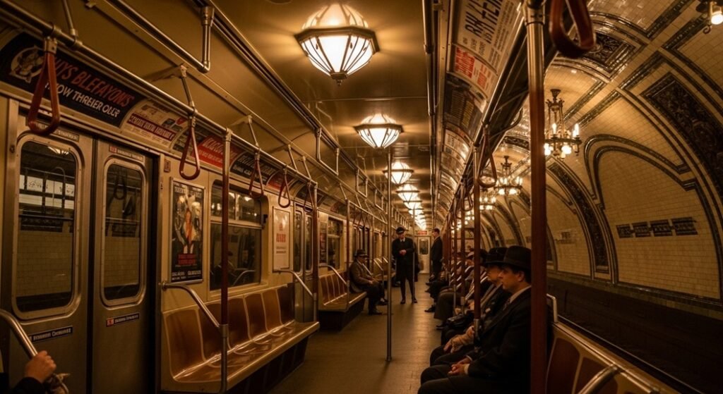 1930년대 감성의 뉴욕 지하철 내부와 오드 시티홀 유령역의 곡선형 타일과 샹들리에 조명 모습