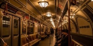 1930년대 감성의 뉴욕 지하철 내부와 오드 시티홀 유령역의 곡선형 타일과 샹들리에 조명 모습