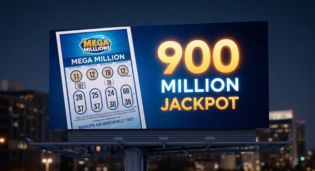 Mega Millions 복권 티켓과 900 million 잭팟을 나타내는 디지털 보드