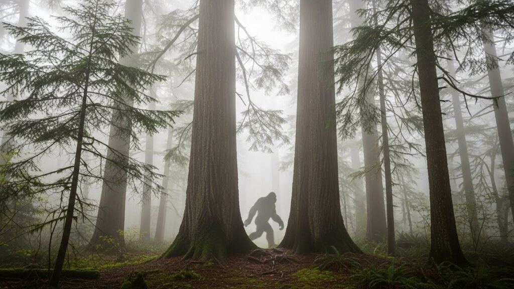 안개 낀 퍼시픽 노스웨스트 숲속에 나타난 빅풋