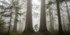 안개 낀 퍼시픽 노스웨스트 숲속에 나타난 빅풋