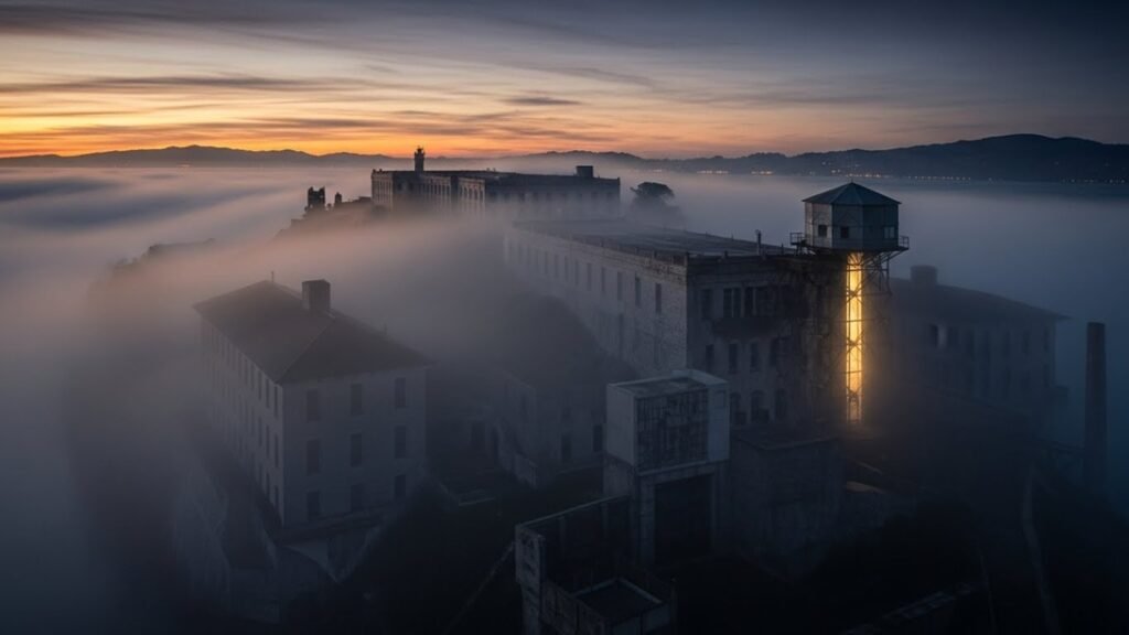 안개 속 알카트라즈 섬 전경