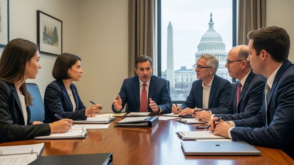 lobbyists meeting 미국 의회 인근에서 정책 브리핑을 진행하는 로비스트와 보좌진