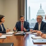 미국 의회 인근에서 정책 브리핑을 진행하는 로비스트와 보좌진