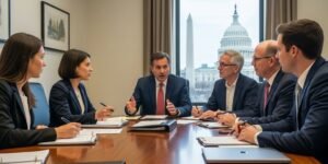 미국 의회 인근에서 정책 브리핑을 진행하는 로비스트와 보좌진