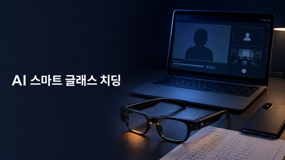 AI 스마트 글래스 치딩과 원격시험 보안의 충돌을 표현한 시험 책상