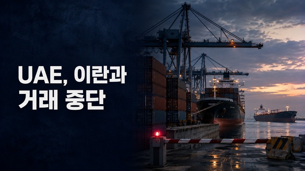 UAE, 이란과 거래 중단 이후 걸프 항만과 호르무즈 해상 운송 긴장을 표현한 에디토리얼 이미지