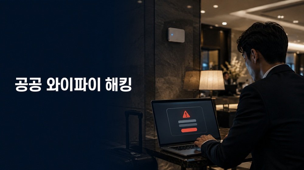 호텔 와이파이 게이트웨이를 통한 공공 와이파이 해킹 위험을 표현한 이미지