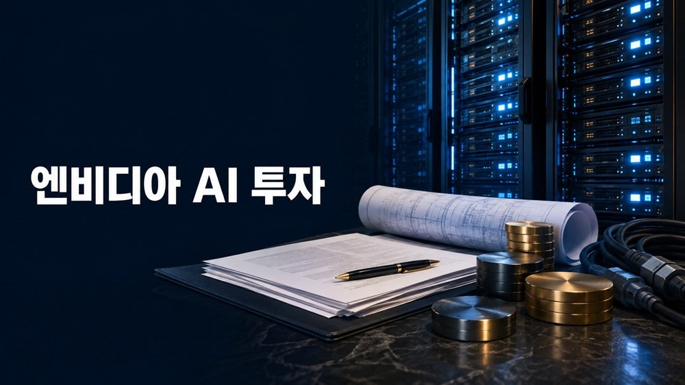 엔비디아 AI 투자 금융 플랫폼과 데이터센터 인프라를 표현한 에디토리얼 이미지