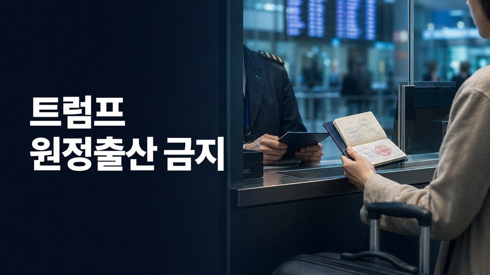 트럼프 원정출산 금지 행정명령과 미국 비자 입국 심사를 상징하는 장면