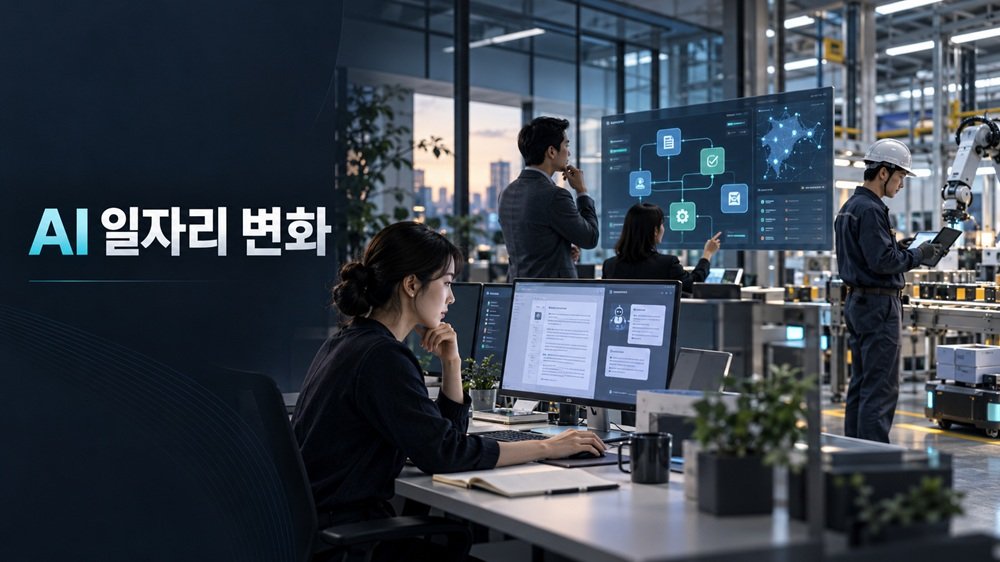 사무 업무와 의사결정, 제조 현장을 생성형 AI·에이전틱 AI·피지컬 AI로 구분해 보여주는 AI 일자리 변화 이미지