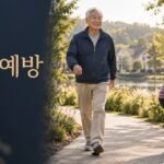 공원에서 걷기와 가벼운 근력운동을 하며 노쇠 예방과 건강한 노화를 실천하는 노년층