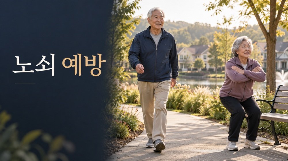 공원에서 걷기와 가벼운 근력운동을 하며 노쇠 예방과 건강한 노화를 실천하는 노년층
