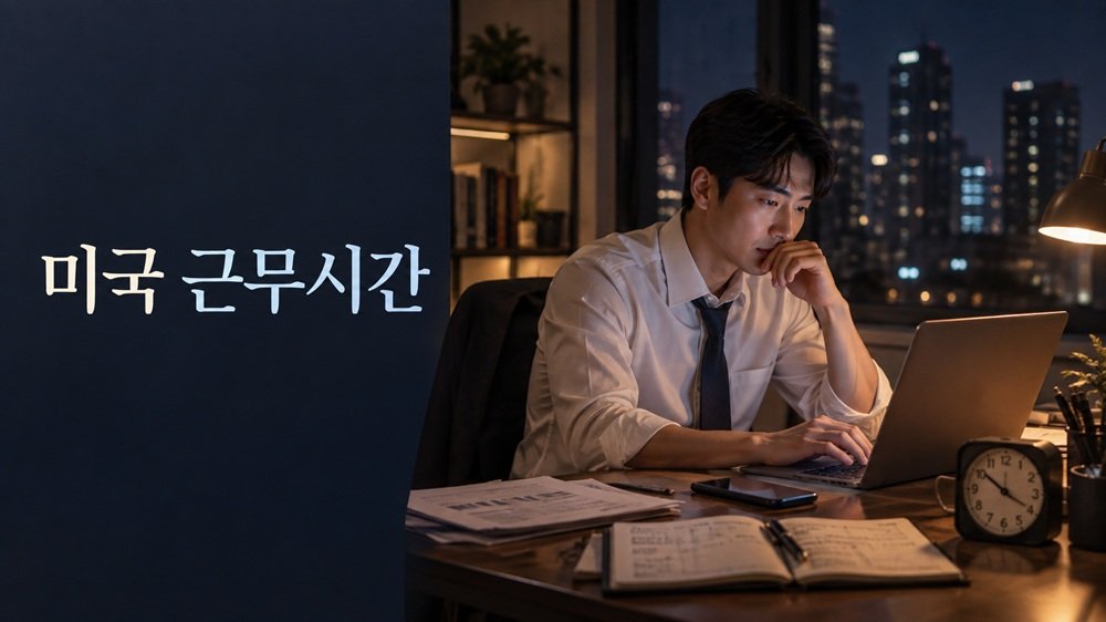 퇴근 후 노트북과 스마트폰으로 업무 이메일을 확인하는 직장인과 미국 근무시간 개념