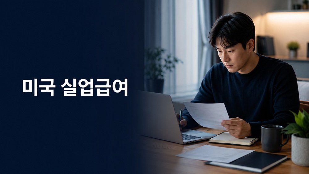 미국 실업급여 신청서와 재취업 구직 화면을 함께 확인하는 실직자