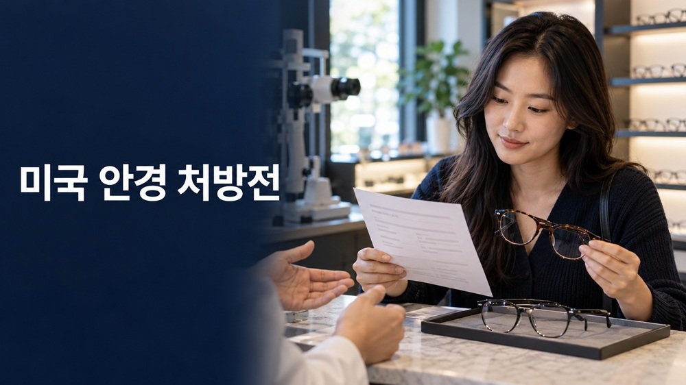 미국 안경 처방전 문구와 함께 소비자가 안경점에서 처방전과 안경테를 비교하는 장면