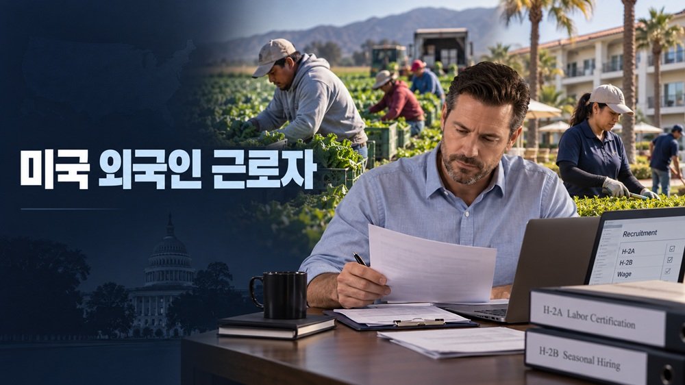 농장과 호텔·조경 현장을 배경으로 H-2A와 H-2B 고용 구조를 표현한 미국 외국인 근로자 대표 이미지