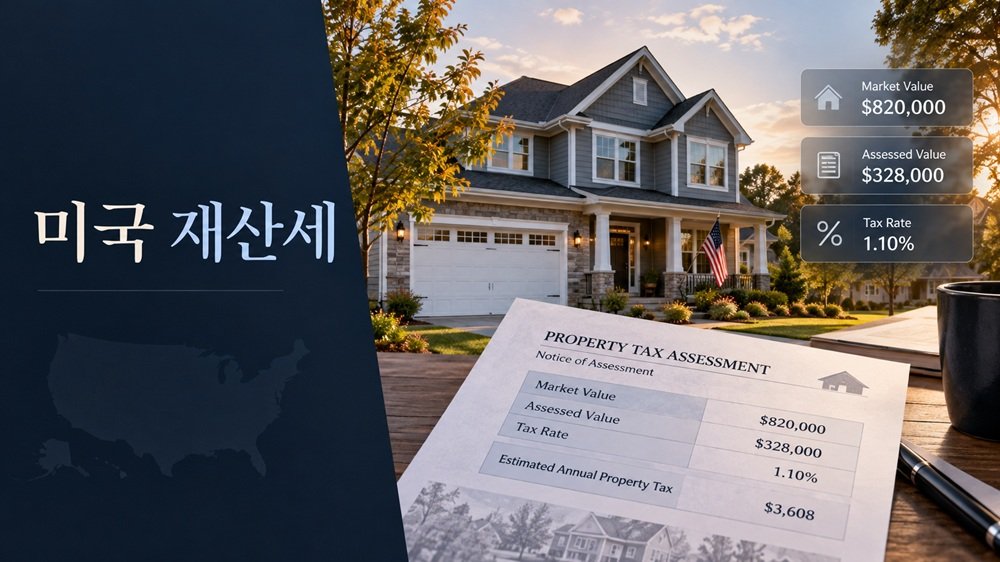 미국 재산세의 Market Value와 Assessed Value 차이를 보여주는 주택과 재산세 고지서