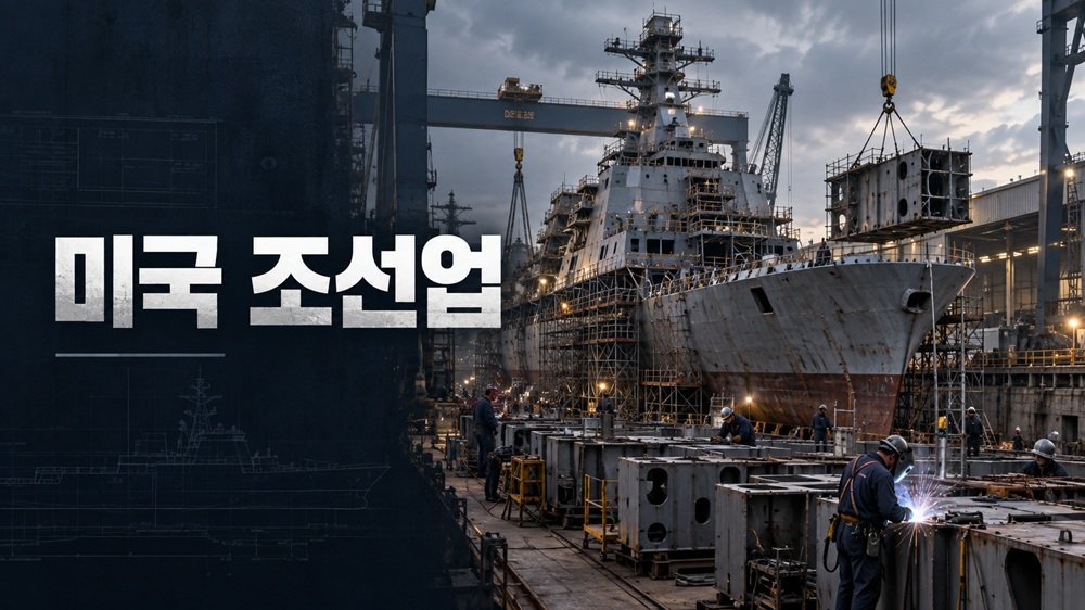 미국 조선업 생산능력 부족과 미 해군 군함 건조 현장을 표현한 이미지