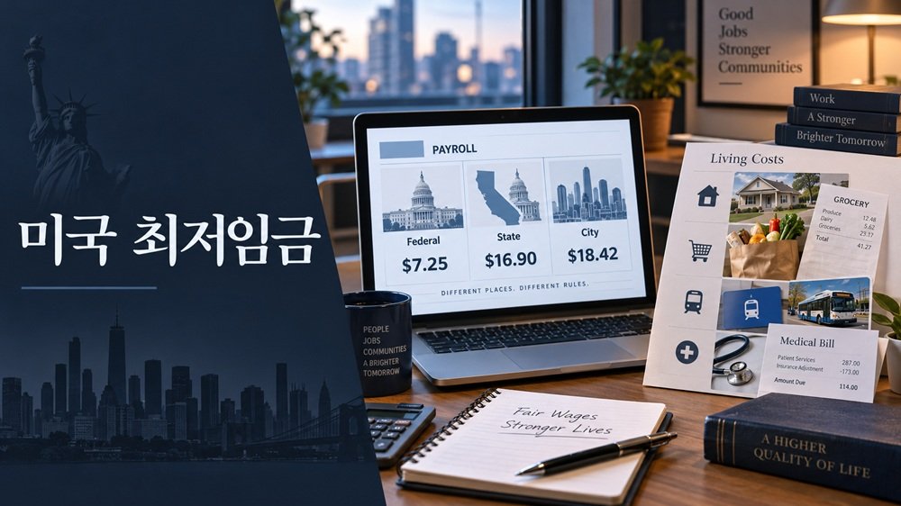 미국 최저임금과 Living Wage 차이를 연방 주 도시 생활비 구조로 보여주는 이미지