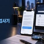 미국 취업사기 채용제안 확인 체크리스트를 표현한 스마트폰과 채용 메시지 이미지