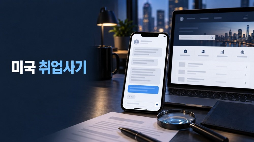 미국 취업사기 채용제안 확인 체크리스트를 표현한 스마트폰과 채용 메시지 이미지