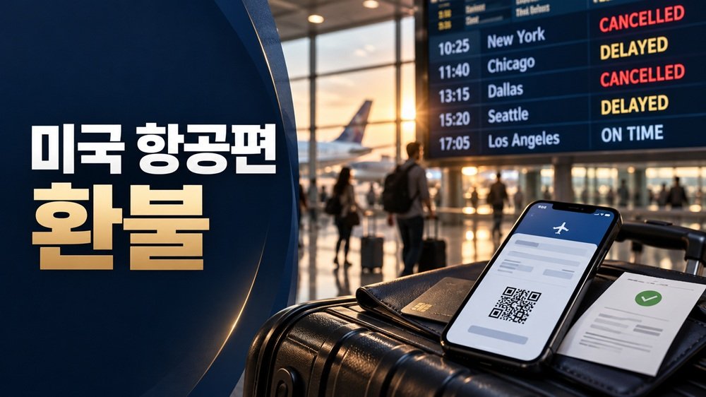 미국 항공편 환불 기준과 취소·지연 상황을 표현한 공항 출발 안내판 이미지