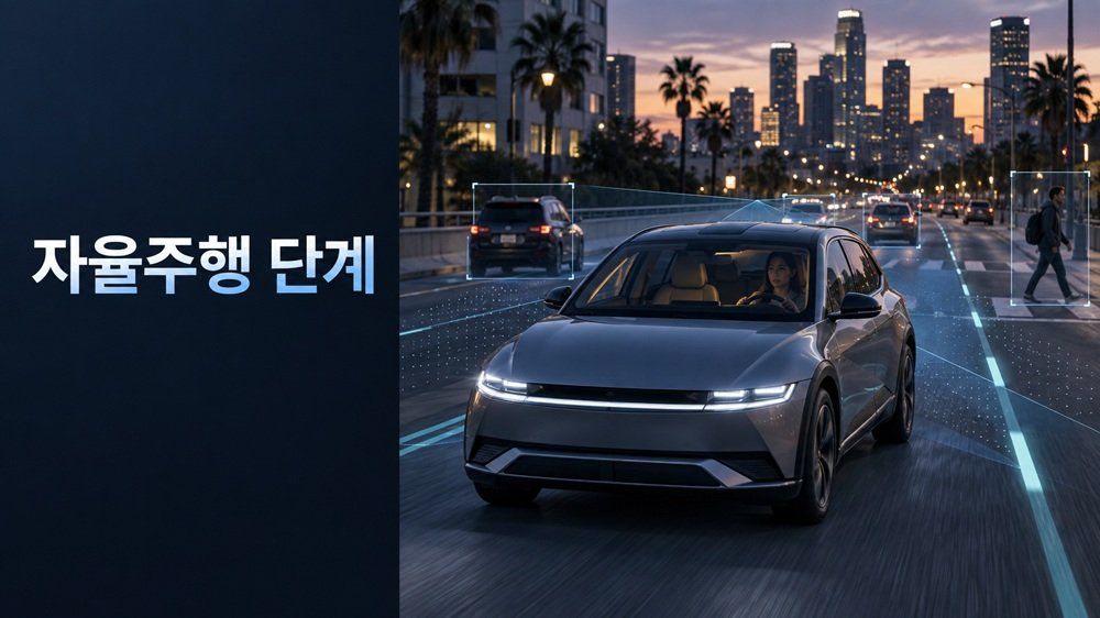 자율주행 단계 Level 2와 Level 4의 차이를 표현한 미래형 자동차와 도로