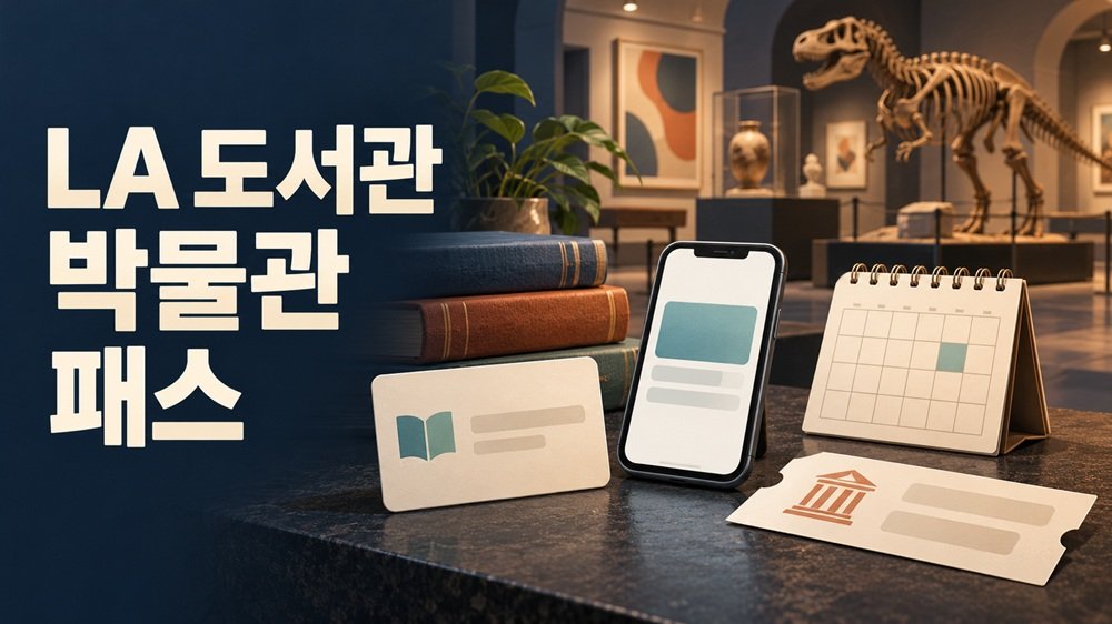 LA 도서관 박물관 패스를 표현한 도서관 카드와 스마트폰, 예약 달력, 박물관 전시물의 일러스트