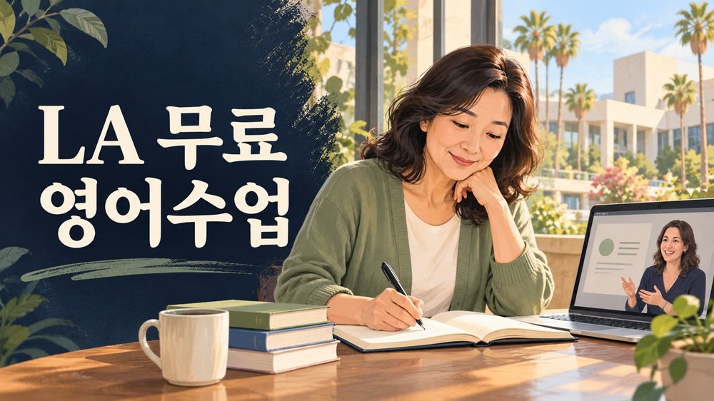 LA 무료 영어수업을 알아보는 성인 학습자와 노트북, 교재를 표현한 교육 안내 일러스트