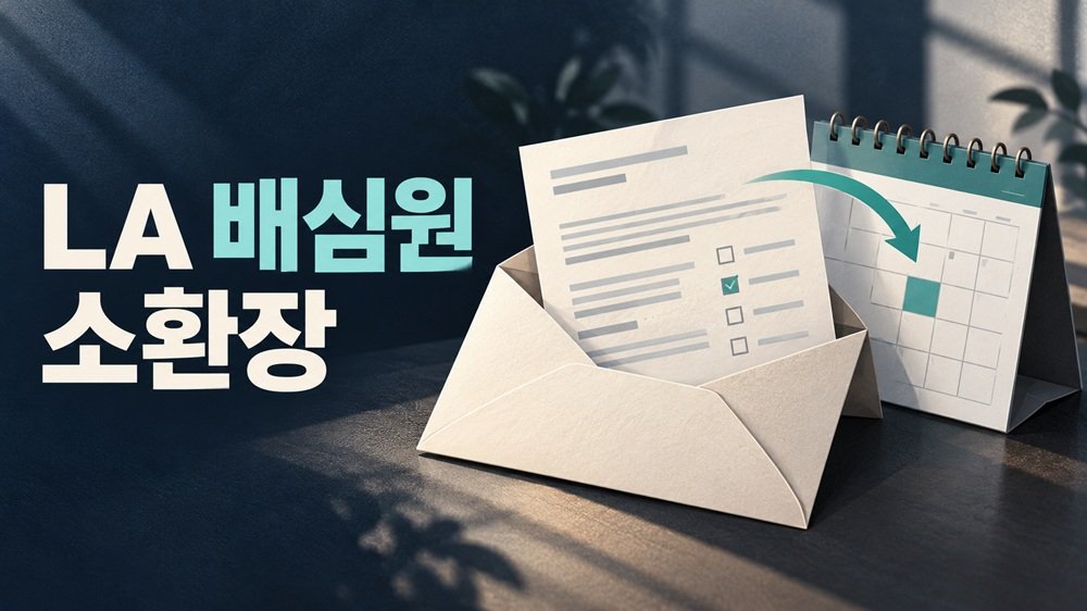 LA 배심원 소환장의 자격 확인과 일정 연기를 표현한 우편 서류와 달력 일러스트
