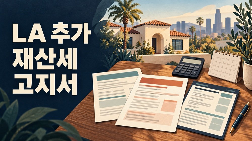 LA 추가 재산세 고지서를 표현한 주택과 세 종류의 문서, 계산기·달력 일러스트