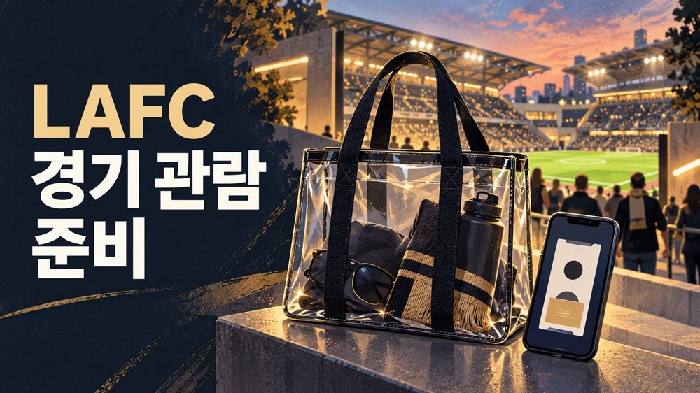 LAFC 경기 관람 준비를 위한 투명 가방과 모바일 티켓, 축구장 풍경을 표현한 일러스트