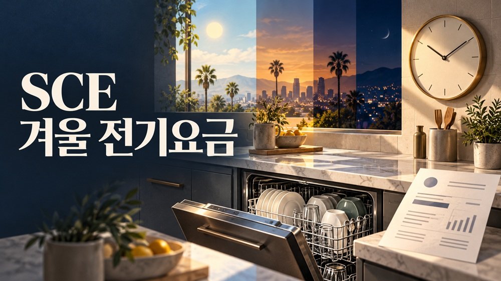 SCE 겨울 전기요금의 낮·저녁·밤 시간대를 비교하는 시계와 식기세척기, 전기요금 청구서 일러스트