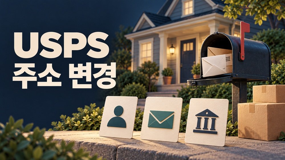 USPS 주소 변경 후 계정 정보·우편 전달 신청·발송기관 주소 기록을 나누어 확인하는 이사 안내 일러스트