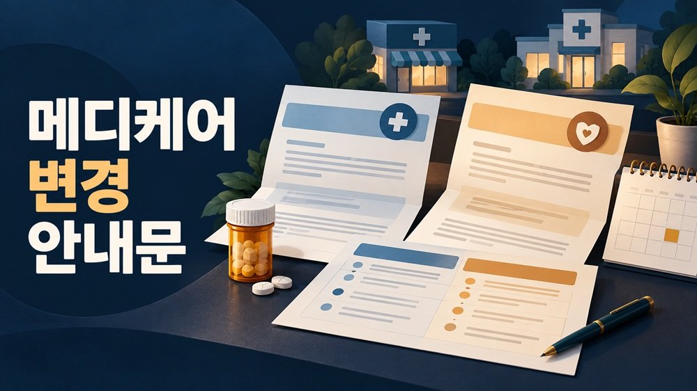 메디케어 변경 안내문과 보장 비교 메모, 약병·약국·진료기관·달력을 표현한 일러스트