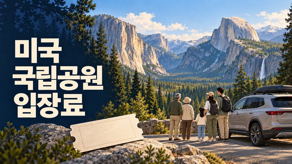 요세미티의 화강암 절벽과 가족 차량, 입장권을 표현한 미국 국립공원 입장료 안내 일러스트