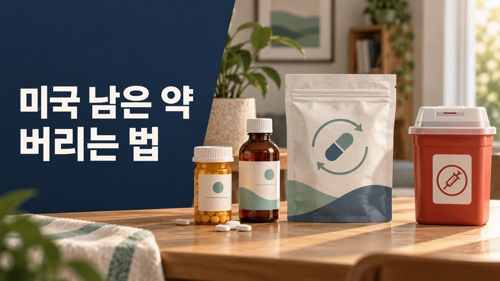 미국 남은 약 버리는 법을 안내하는 약병과 전용 회수 봉투, 별도로 놓인 주사바늘 폐기 용기 이미지