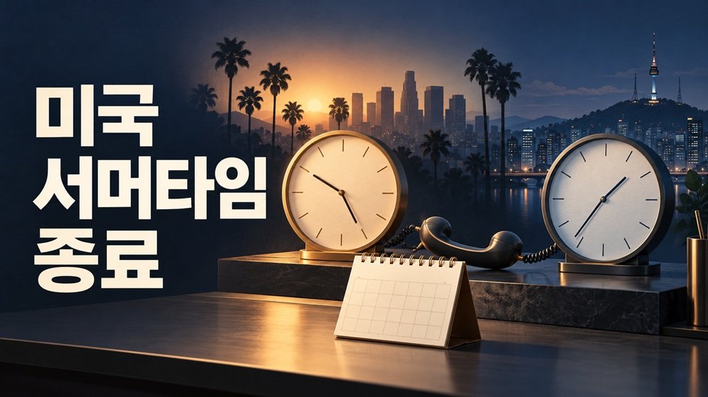 미국 서머타임 종료에 따른 LA와 한국의 통화 시간을 달력과 두 개의 시계로 비교한 일러스트