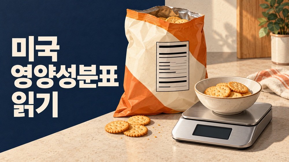 미국 영양성분표 읽기를 위해 간식 포장의 1회 제공량과 전체 포장 기준을 비교하는 일러스트