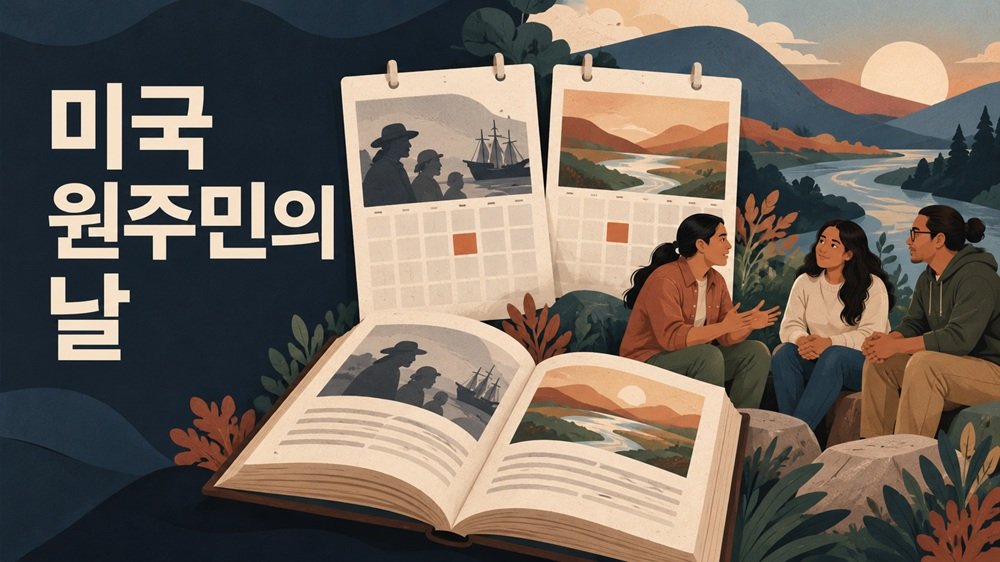 미국 원주민의 날을 주제로 달력과 역사 자료, 현대 지역 공동체의 대화를 함께 표현한 에디토리얼 일러스트