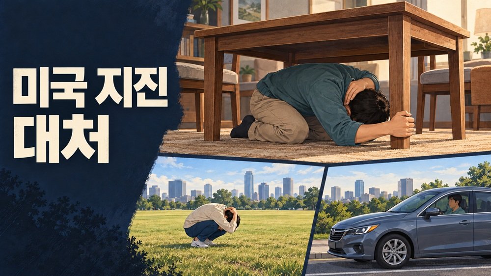 미국 지진 대처를 보여 주는 실내 탁자 아래 보호 자세와 실외 열린 공간, 안전하게 정차한 차량의 일러스트