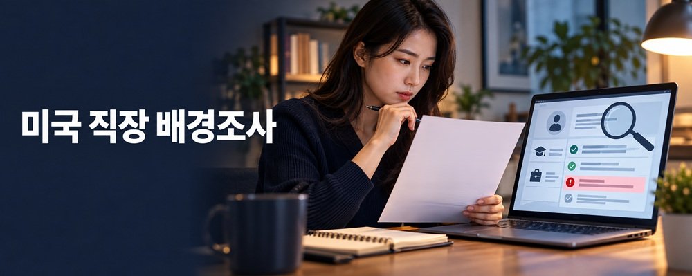 미국 직장 배경조사 문구와 함께 구직자가 채용 동의서와 배경보고서의 개인정보를 대조하는 장면