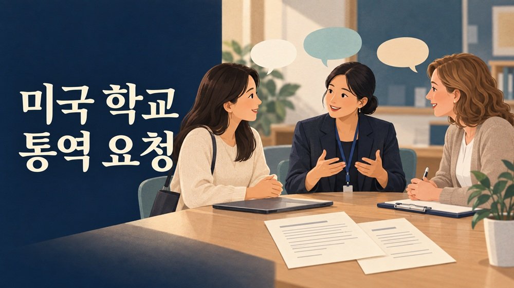 미국 학교 통역 요청에서 학부모 상담 통역과 학교 문서 번역을 구분하는 교육 안내 일러스트