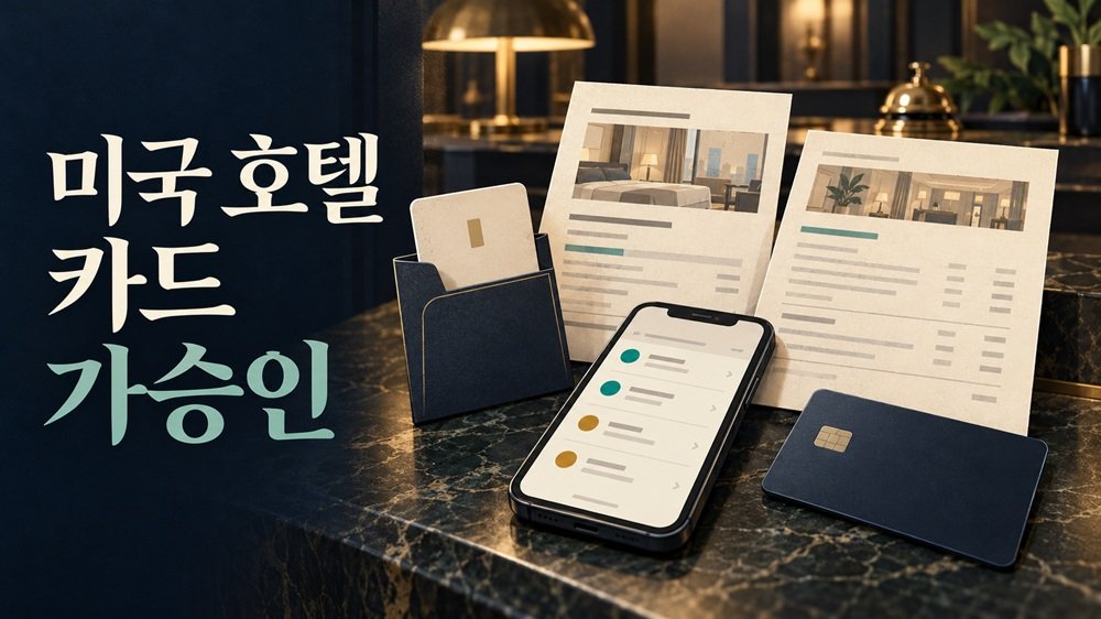 미국 호텔 카드 가승인을 확인하기 위한 호텔 키카드, 예약 확인서, 최종 명세서와 스마트폰 거래 내역 일러스트