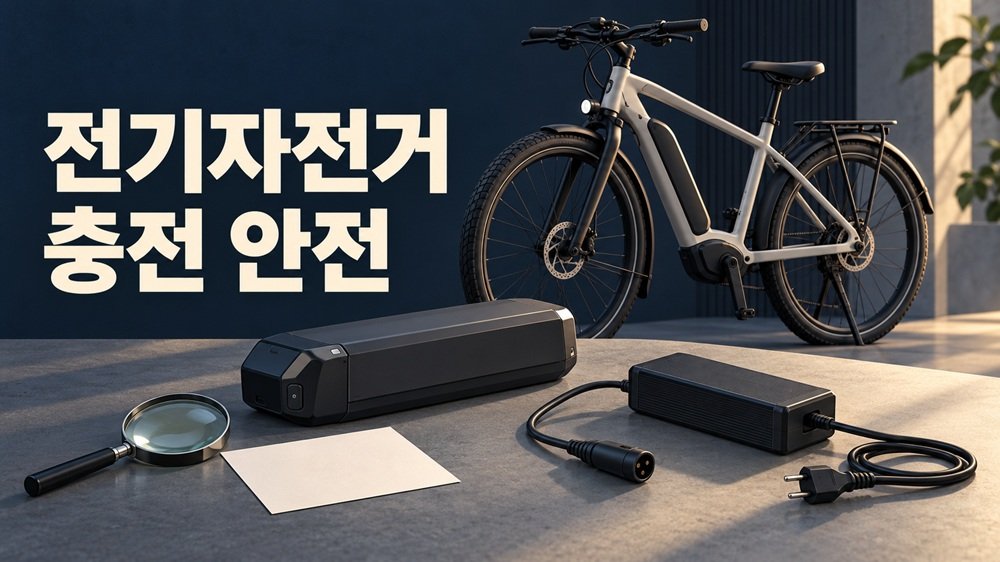 전기자전거 충전 안전을 위해 배터리와 충전기 모델의 호환성과 충전 장소를 확인하는 안내 일러스트